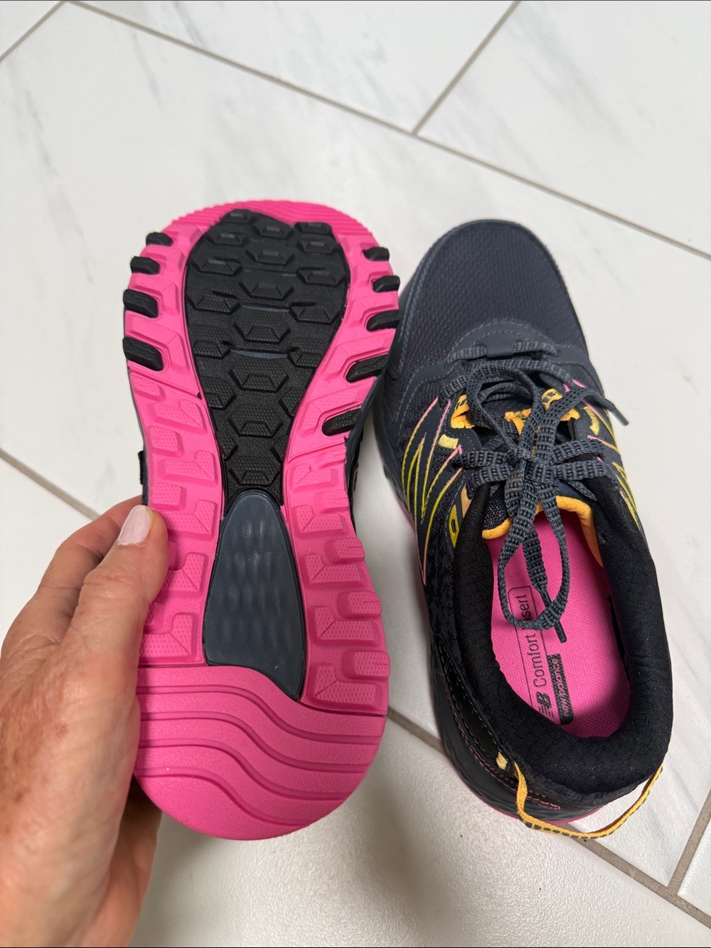 New Balance 410 trail runners Black Sneakers with Yellow & Pink Accents - Picture 3 of 7